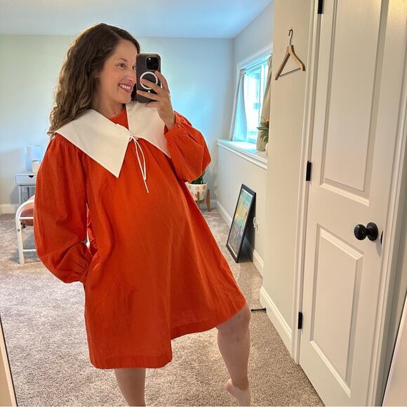 Sindiso Khumalo x & other Stories Orange Textured Peter Pan Collar Mini Dress 10 - Picture 6 of 16